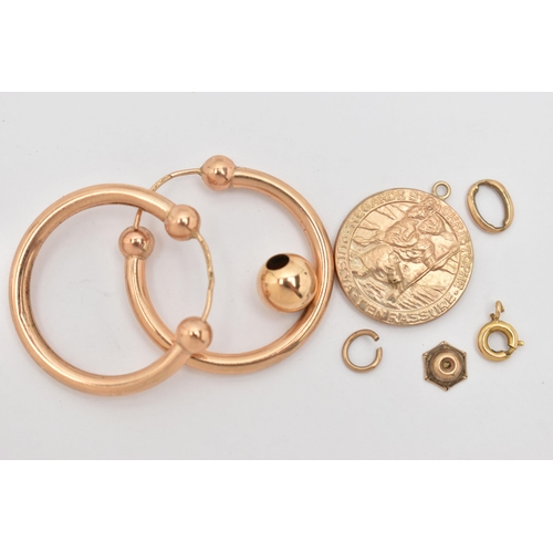 29 - AN ASSORTMENT OF 9CT GOLD AND YELLOW METAL, to include a pair of torque style hoop earrings, hallmar... 