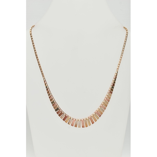 30 - A 9CT GOLD CLEOPATRA STYLE NECKLACE, a tri colour necklace comprised of graduated rectangular form p... 