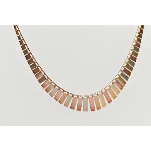 30 - A 9CT GOLD CLEOPATRA STYLE NECKLACE, a tri colour necklace comprised of graduated rectangular form p... 