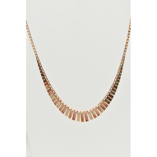 30 - A 9CT GOLD CLEOPATRA STYLE NECKLACE, a tri colour necklace comprised of graduated rectangular form p... 