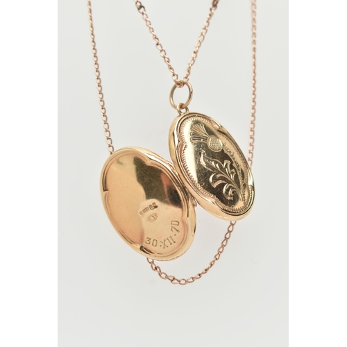 34 - A 9CT GOLD LOCKET, an oval form locket with embossed thistle detail, hallmarked 9ct Birmingham, susp... 