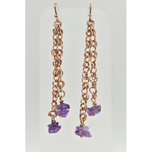 35 - A PAIR OF 9CT GOLD DROP EARRINGS, chain style drop earrings fitted with polished amethyst stones, fi... 