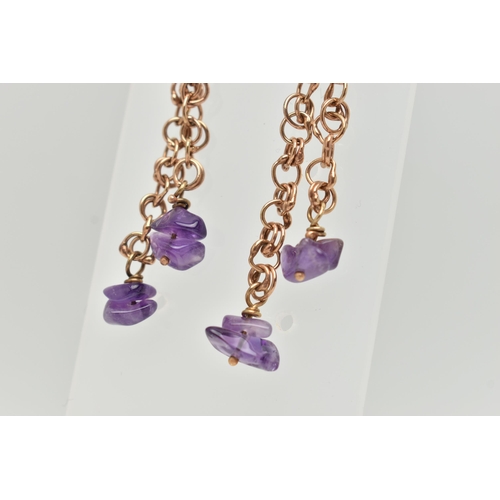 35 - A PAIR OF 9CT GOLD DROP EARRINGS, chain style drop earrings fitted with polished amethyst stones, fi... 