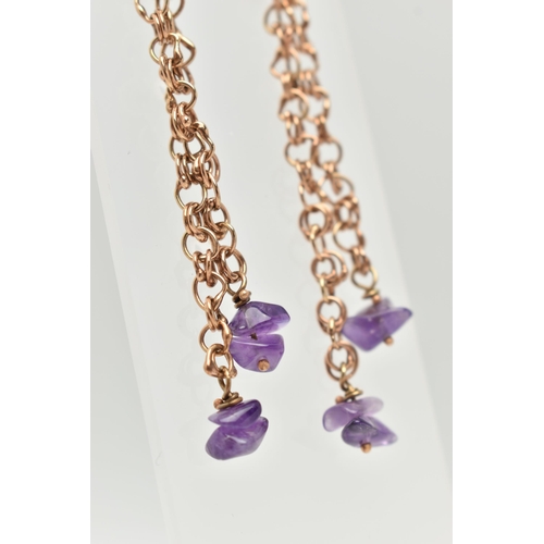 35 - A PAIR OF 9CT GOLD DROP EARRINGS, chain style drop earrings fitted with polished amethyst stones, fi... 