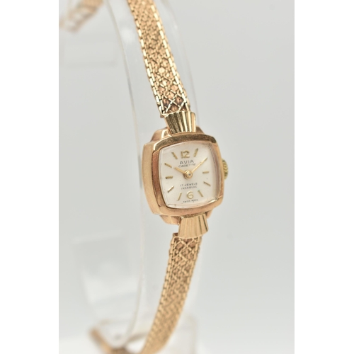 39 - A LADIES 9CT GOLD 'AVIA' WRISTWATCH, manual wind, square silver dial signed 'Avia Cadette, 17 jewels... 