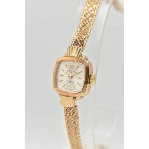 39 - A LADIES 9CT GOLD 'AVIA' WRISTWATCH, manual wind, square silver dial signed 'Avia Cadette, 17 jewels... 