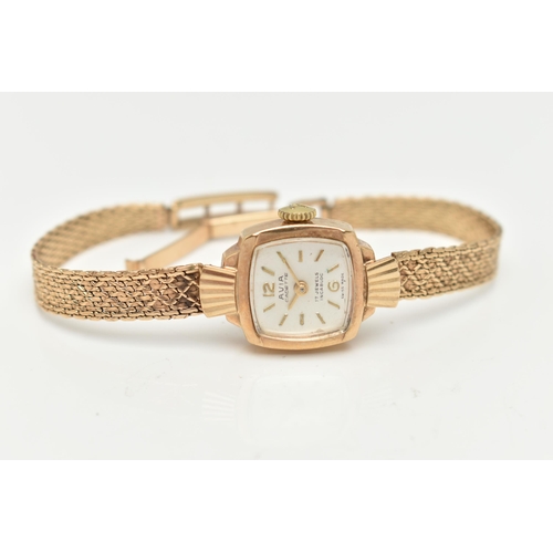 39 - A LADIES 9CT GOLD 'AVIA' WRISTWATCH, manual wind, square silver dial signed 'Avia Cadette, 17 jewels... 