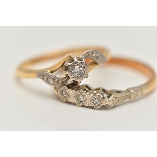 4 - TWO 18CT YELLOW AND WHITE GOLD DIAMOND RINGS, to include a diamond three stone ring set with graduat... 