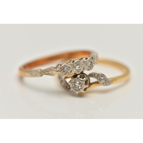 4 - TWO 18CT YELLOW AND WHITE GOLD DIAMOND RINGS, to include a diamond three stone ring set with graduat... 