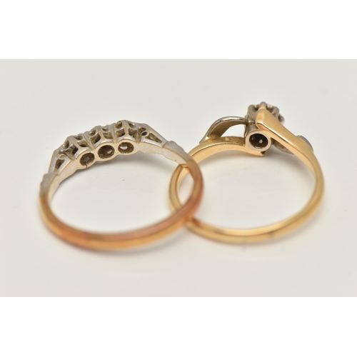 4 - TWO 18CT YELLOW AND WHITE GOLD DIAMOND RINGS, to include a diamond three stone ring set with graduat... 