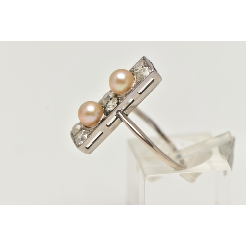 48 - AN ART DECO WHITE METAL DIAMOND AND CULTURED PEARL RING, of a rectangular form, set with two cream c... 