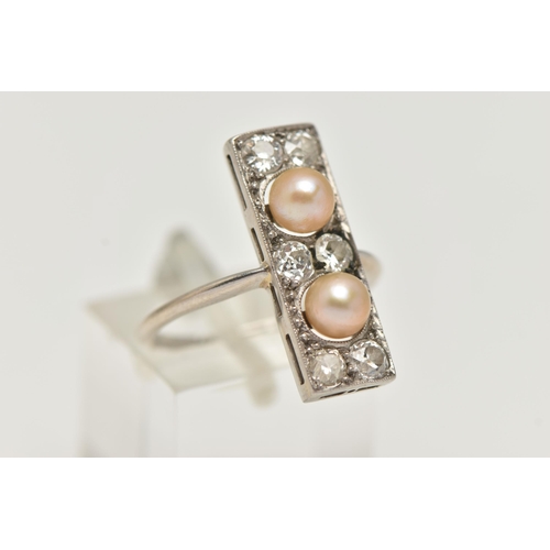 48 - AN ART DECO WHITE METAL DIAMOND AND CULTURED PEARL RING, of a rectangular form, set with two cream c... 