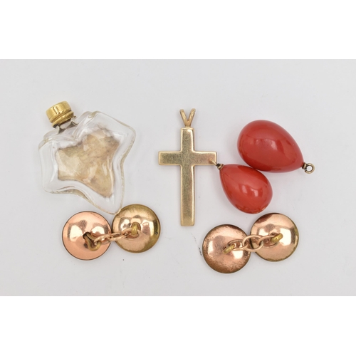 61 - FOUR ITEMS, to include a 9ct gold onyx set cross pendant, a pair of dyed coral drops, an antique sce... 