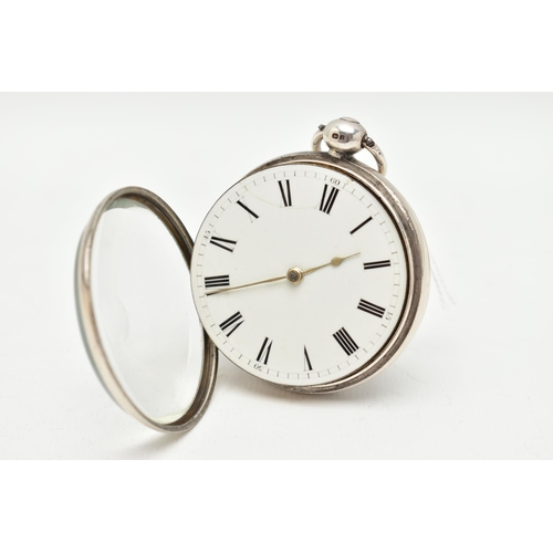 63 - A GEORGE IV SILVER OPEN FACE POCKET WATCH, key wound, round white Roman numeral dial, white metal ha... 