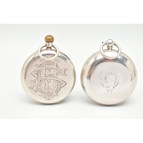 64 - TWO SILVER OPEN FACE POCKET WATCHES, the first a key wound 'J.Langdon & Co London, Demi Chronometer'... 