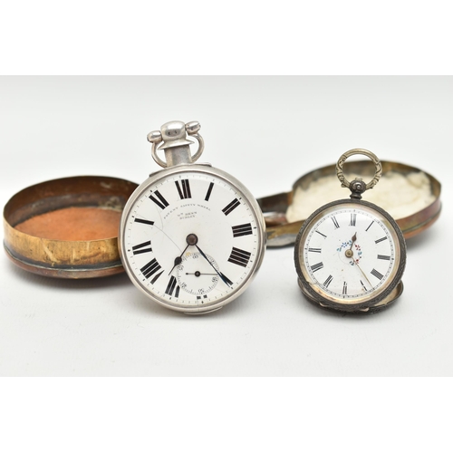 65 - A SILVER OPEN FACE POCKET WATCH AND A LADIES WHITE METAL POCKET WATCH, key wound, round white dial s... 