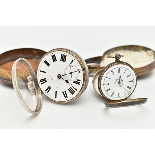 65 - A SILVER OPEN FACE POCKET WATCH AND A LADIES WHITE METAL POCKET WATCH, key wound, round white dial s... 