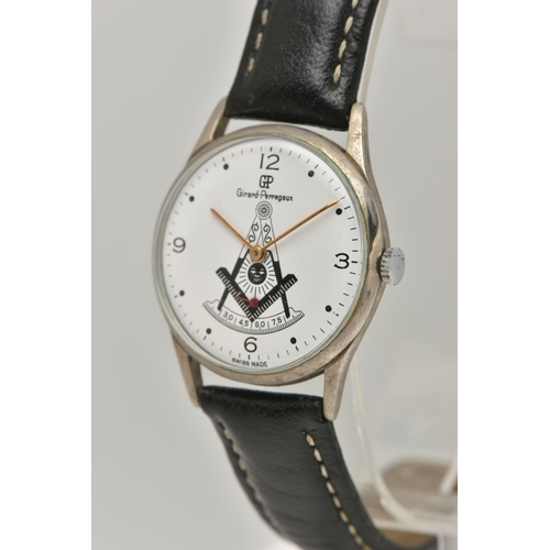 77 - A GENTS MASONIC 'GIRARD-PERREGAUX' WRISTWATCH, manual wind, round white dial signed 'Girard-Pierrega... 