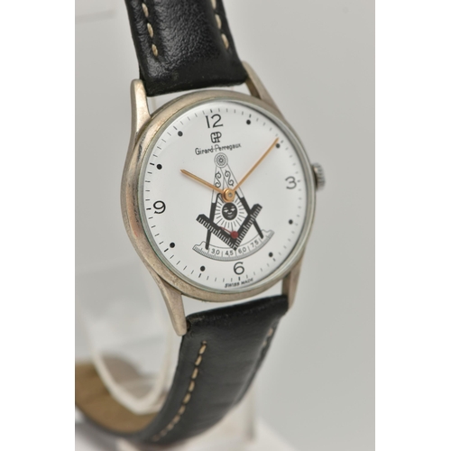 77 - A GENTS MASONIC 'GIRARD-PERREGAUX' WRISTWATCH, manual wind, round white dial signed 'Girard-Pierrega... 