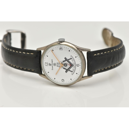 77 - A GENTS MASONIC 'GIRARD-PERREGAUX' WRISTWATCH, manual wind, round white dial signed 'Girard-Pierrega... 