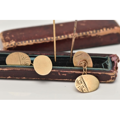 78 - A PAIR OF 9CT GOLD CUFFLINKS AND TWO STICK PINS, oval chain link cufflinks, one panel polished the o... 