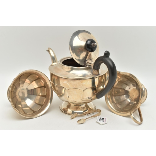 102 - AN EDWARDIAN SILVER THREE PIECE TEA SET, faceted design, comprising of a teapot, fitted with an ebon... 