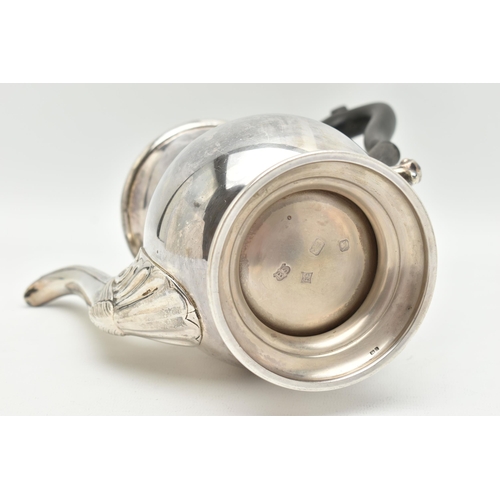 103 - AN ELIZABETH II SILVER TEAPOT, polished bell shape, shell pattern to the base of the spout, hinged c... 