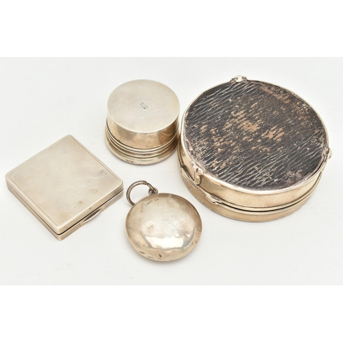 104 - TWO SILVER COMPACTS, A SILVER ASPREY PILL BOX AND A PIQUE TORTOISESHELL TRINKET BOX, to include a sq... 