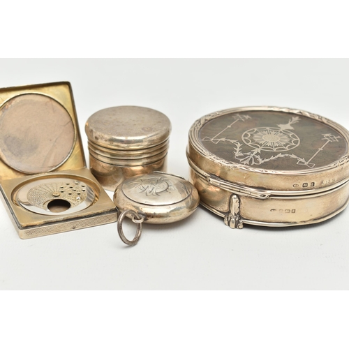 104 - TWO SILVER COMPACTS, A SILVER ASPREY PILL BOX AND A PIQUE TORTOISESHELL TRINKET BOX, to include a sq... 