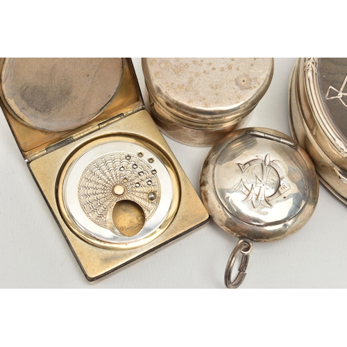 104 - TWO SILVER COMPACTS, A SILVER ASPREY PILL BOX AND A PIQUE TORTOISESHELL TRINKET BOX, to include a sq... 