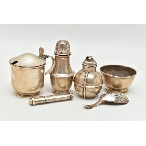 105 - A THREE PIECE CONDIMENT SET AND OTHER ITEMS, condiments including a pepperette, mustard and salt, ea... 