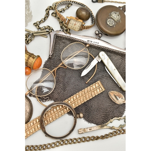 106 - A BOX OF SILVER ITEMS, to include a chain mail purse, fitted with a silver mount with kissing clasp,... 