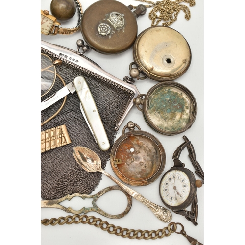 106 - A BOX OF SILVER ITEMS, to include a chain mail purse, fitted with a silver mount with kissing clasp,... 