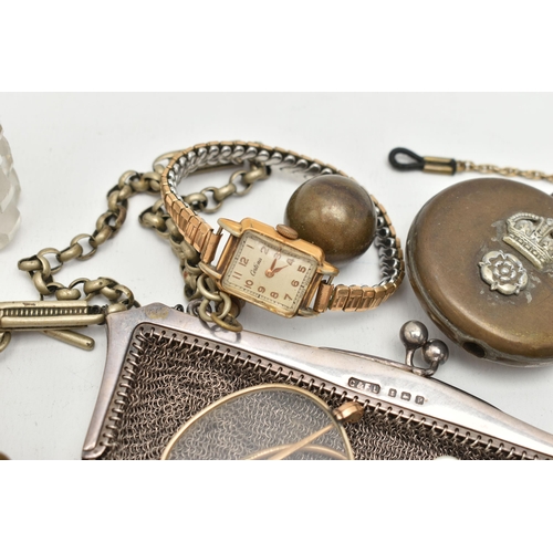 106 - A BOX OF SILVER ITEMS, to include a chain mail purse, fitted with a silver mount with kissing clasp,... 