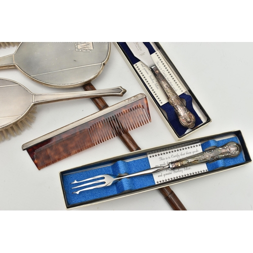 111 - A SILVER FOUR PIECE VANITY SET, SILVER HANDLED CUTLERY AND A WALKING STICK, set comprising of a hair... 