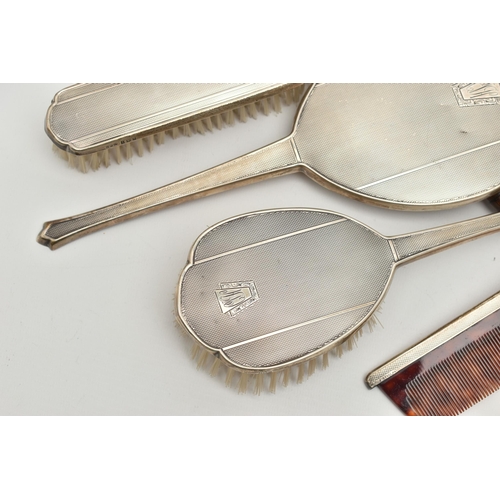 111 - A SILVER FOUR PIECE VANITY SET, SILVER HANDLED CUTLERY AND A WALKING STICK, set comprising of a hair... 