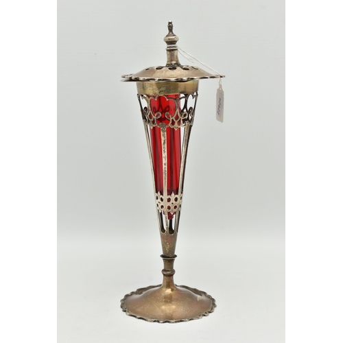 112 - AN EARLY 20TH CENTURY SILVER LIDDED VASE, the tapered trumpet shaped vase with pierced scrolling det... 