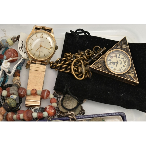 117 - A BOX OF ASSORTED ITEMS, to include a Masonic triangular, manual wind pocket watch, case back loose ... 