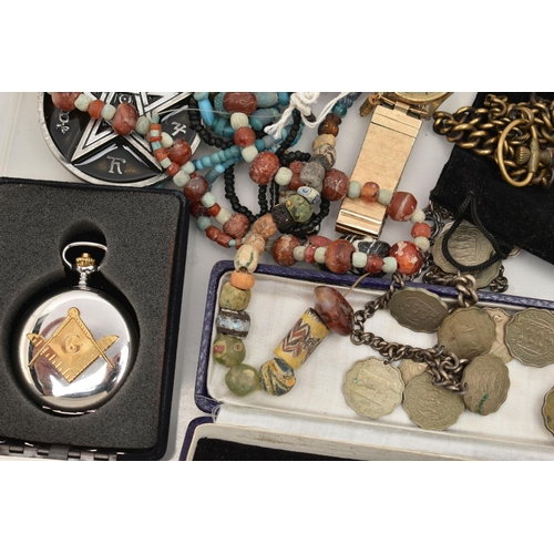 117 - A BOX OF ASSORTED ITEMS, to include a Masonic triangular, manual wind pocket watch, case back loose ... 