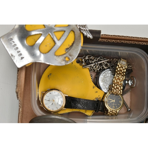 118 - A BOX  OF ASSORTED ITEMS, to include a boxed ceramic 'DKNY' round black chronograph dial, baton mark... 