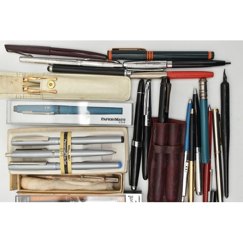 122 - A BOX OF ASSORTED PENS AND PENCILS, to include a boxed white metal, engine turned pattern 'Yard-O-Le... 