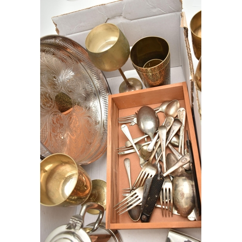 125 - A BOX OF ASSORTED WHITE METAL WARE, to include a circular tray, brass goblets, goblets, pewter tanka... 