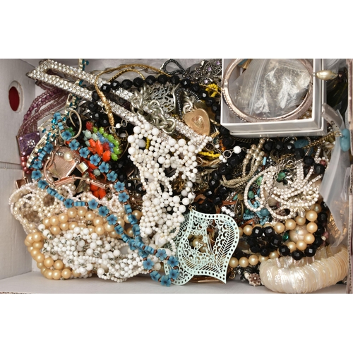 130 - ASSORTED COSTUME JEWELLERY AND WATCHES, three shoe boxes of assorted beaded necklaces, bracelets and... 