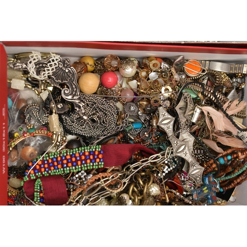 130 - ASSORTED COSTUME JEWELLERY AND WATCHES, three shoe boxes of assorted beaded necklaces, bracelets and... 