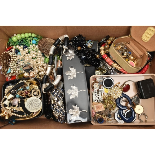 132 - A BOX OF ASSORTED COSTUME JEWELLERY, to include beaded necklaces, bracelets, earrings, rings etc, br... 