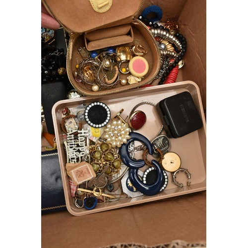 132 - A BOX OF ASSORTED COSTUME JEWELLERY, to include beaded necklaces, bracelets, earrings, rings etc, br... 