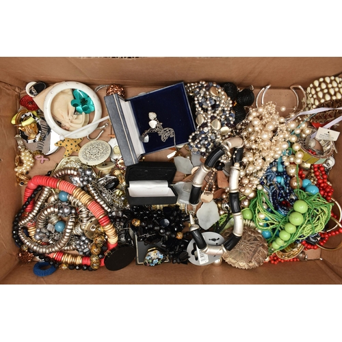 132 - A BOX OF ASSORTED COSTUME JEWELLERY, to include beaded necklaces, bracelets, earrings, rings etc, br... 