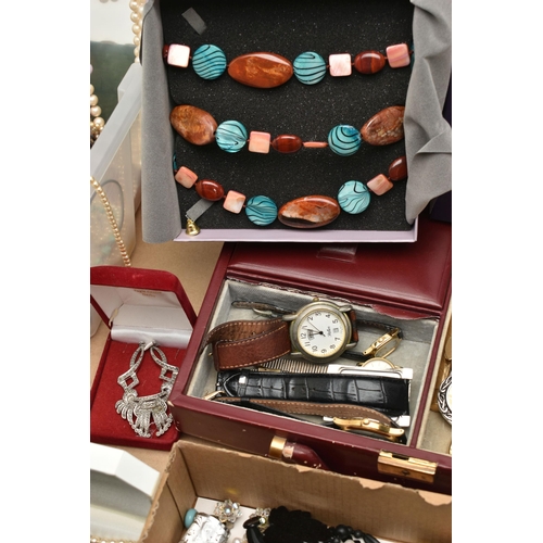 133 - A BOX OF ASSORTED COSTUME JEWELLERY, to include beaded necklaces, semi-precious gemstone bead neckla... 