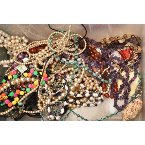 133 - A BOX OF ASSORTED COSTUME JEWELLERY, to include beaded necklaces, semi-precious gemstone bead neckla... 