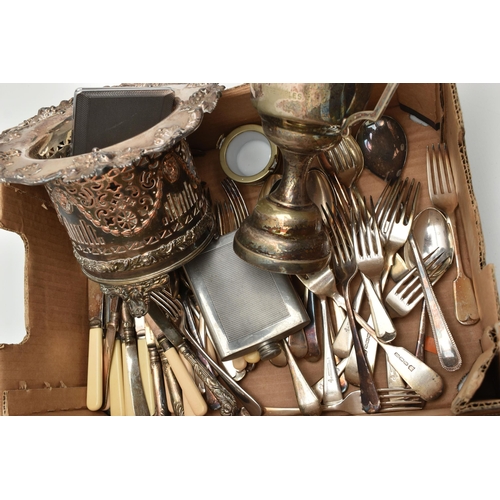 136 - A BOX OF ASSORTED WHITE METAL WARE, to include a selection of trays and serving dishes, a small cand... 